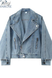 Jacket For Women Thick Vintage Locomotive Lapel Zippers Jacket Fashion Streetwear Hip Hop Loose Casual All-match Denim