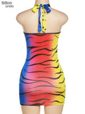Gradient Streak Sexy Halter Mini Dresses Women Sleeveless V-Neck Backless Lace Up Bodycon Midnight Party Hip