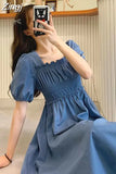 Sleeve Dress Women Summer Solid Pleated Square Collar Mid-calf Elegant Korean Simple Leisure Loose Preppy Womens A-line