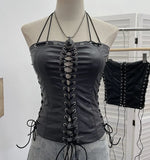 Babes Hollow Strapped Braped Pu Skin Top Female Tight Sexy Short Hanging Neck Vest