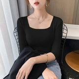 Sleeve Square Collar Slim Cotton T-shirt Tee Girls Solid Summer Basic High Elasticity Tshirts Crop Tops For