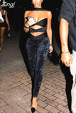 Women Early Autumn New High Street Solid Hollow Out Sexy Two Pieces Sets Halter Low Cut Skinny Top&Black Elastic
