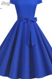 Women Vintage Dress 50S 60S Short Sleeve Casual Elegant Retro Office Party Midi Dress Robe Femme Solid