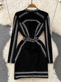 Women Black Beading Zipper Bodycon Dress Elegant Stand Collar Long Sleeve High Waist Sheath Mini Vestidos Female New