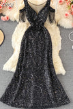 Sequins Party Maxi Dress For Women Sexy V-Neck Short Sleeve High Waist Tassel Long Robe Female Elegant
