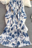 Autumn Bohemian Women Tie Dye Printed Pleated Long Dress Boho Stand Collar Puff Sleeve High Waist Draped Maxi Vestido
