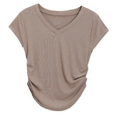 Zingj Desire Wind V-Neck Short-Sleeved T-Shirt Women's Wear 2024 Summer New Slim Show Thin Design Sense Students Pure Color Jacket