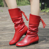 Autumn And Winter Large-Size Knight Boots Low And Round Head After The Tie With Warm Mid-Sleet Boots