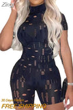 Summer Short Sleeve Jumpsuit for Women Bodycon Sexy V Neck Button Rompers Shorts Hollow Out Bodysuit Club
