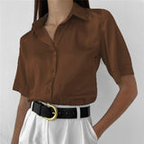 Office Lady Short Sleeved Satin Shirt 2023Casual Loose Buttons Summer Blouse Women Elegant Tops Women Clothing