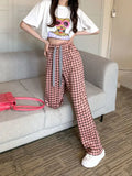 Streetwear Women Black and Pink Plaid Pants Harajuku Loose Pockets Wide Leg Pants Retro Lace Up Student Straight