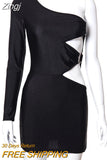 Irregular Hollow Out Sexy Bodycon One Shoulder Long Sleeve Strapless Package Hip Slim Elegant Party Summer Mini