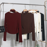 Ribbon Scarf Hanging Neck Long-Sleeved T-Shirt Girl 2024 Autumn Slim Thin Folded Bottom Shirt