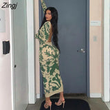 Women Printed Backless Long Dress Fashion Long Sleeve O-neck High Waist Bodycon Slim Dress for Spring