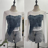 Design Feel Niche Cowboy Splicing Long-Sleeved Mesh T-Shirt Girl Summer Round Collar Dress Short Top
