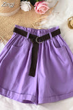 Summer Elegant High Waist Shorts Women Casual Solid Wide Leg Loose Cotton Short Pants With Belt Korean Sweet