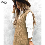 PETAL Knit V-neck Sweater Vest For Woman Brown Casual Loose Sleeveless Waistcoat 2023 Spring Autumn Pullover Tops