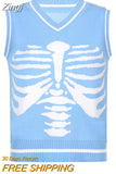 Skulls Blue Knitted Sweaters for Women Fashion Winter Tops Oversized Jumper V Neck Long Sleeve Pullovers Halloween