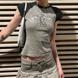 Raglan Sleeve Grunge Wing Print Crop TopOutfit