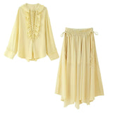Women's Summer Folding V-Neck Folding Collar Trim With Chiffon Long-Sleeved Shirt Skirt