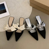 Summer New Korean Style Female Slippers Bag Head High Tip Bow Fine Heel Heel Cold