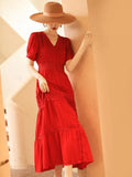 Dresses Women Cotton Patchwork V-Neck Short Sleeve Maxi Dress Female Single Breasted Hollow Out Beach Long Dress