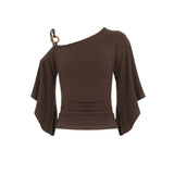 New Retro Stripe Shoulder Horn Sleeve T-Shirt Hottie Beaded Neck Small Repair
