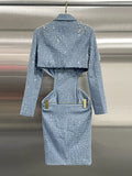 Sexy Double Buckle Skirt 2025 New Lumbar Heavy Industry Nail Bead Design Feeling Long-Sleeved Suit