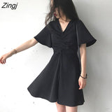 Women Flare Sleeve Zipper Solid Student Simple Loose Casual Summer Korean Style Retro Soft Cute All-match Elegant