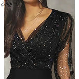 Women Fashion Elegant Casual Sheer Mesh Glitter Pocket Design Jumpsuit V-Neck Long Sleeve Pocket Design
