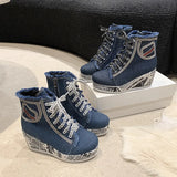Slopes And High-Top Canvas Shoes Women's Round Head English Newspaper With Breathable Single