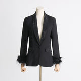 Zingj New Temperament Top Collar With Diamond Design Sense Cuff Stitching Ostrich Hair Long Sleeve Suit Spring