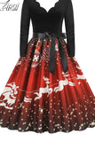 Women Dress Long Sleeve Elegant Vinatge Christmas Party Sundress Winter V Neck New Year Costume Clothing