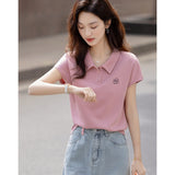 Style Temperament Fashion Age-Old Polo Collar Embroidered Short-Sleeved T-Shirt Women 2025 Summer New Simple Wind