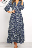 Women Summer Elegant Floral Print Maxi Dress 2023 Boho Three Quarter Sleeve V Neck Casual Office Long Dress Beach Robe