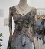 Shooting Pure Sexful V-Neck Umbilly T-Shirt Female Hairy Denim Butterfly Embroidered Mesh Yarn Long Sleeve Top