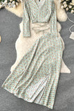 Autumn Women Printed Bandage Two Piece Set Vintage V-Neck Long Sleeve Short Tops + High Waist Split Skirt Suit 2Pcs