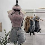 Bow Decorative Hair Splicing Elastic Hanging Neck Vest Outside Wearing Hairy Short Grinding Coat