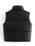 Women Black Pu Puffy Vest American Streetwear Winter Thick Parkas Jacket Fashion Outwear Faux Leather Down Waistcoat
