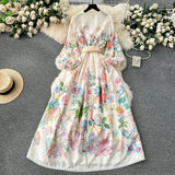 Court Dress Female Sweet Lace Lace V-Neck Buckle Long Design Print
