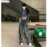 Zingj Ripped Jeans Female 2023 New Plus-Size High Waist Loose Versatile Straight Leg Show Slim Wide-Leg
