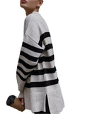 Autumn And Winter Women's Clothing Jacket Loose Round Collar Bump Color Knitted Striped Sweater