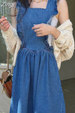 Retro Fashion Korea New Ruffle Women Sleeveless Denim Dress Ladies Womens Vest Dresses Casual Cotton Blue Long