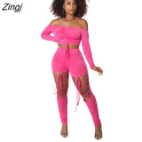 Women Set Off Shoulder Long Sleeve Slash Neck Crop Tops Skinny Pants Two 2 Piece Sets Fashion Sexy Outfits Summer