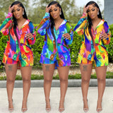 Zingj Fashion Print Casual Style Long Sleeved Shorts 2-Piece Set Women's
