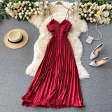 Sexy Spaghetti Strap Dress Women Elegant Hollow Out High Waist Pleated Vestidos Female Party Robe New