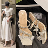 Women 2025 Summer New Butterfly Water Drill With Crystal Heel Sandals Square Head And Slippers