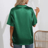Summer Short Sleeve Shirt Solid Satin Silk Shirt Button Up Blouse Loose Office Ladies Tops Casual Shirts Elegant
