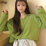 Sleeve T-shirts Women Solid Single-breasted Loose Preppy-style Tees Students All-match Leisure Trendy Korean V-neck