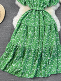 Women Floarl Dress Vintage V-Neck Short Sleeve Printed A-Line Elegant Midi Vestidos Female Casual Robe Bohemian 2023